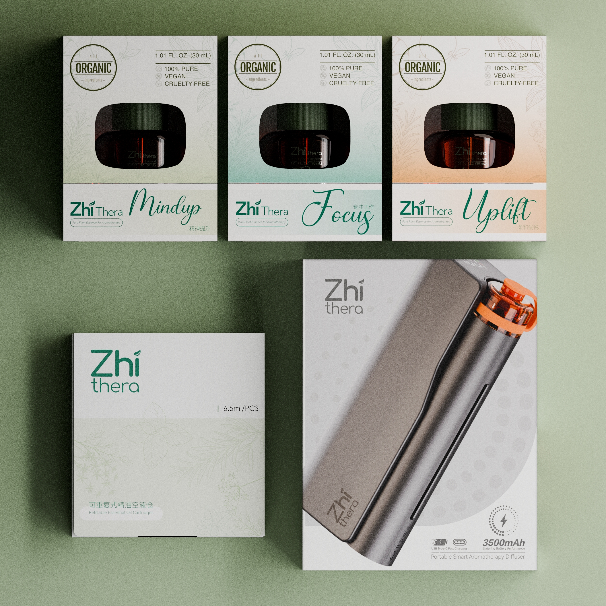 Zhi Thera Smart Portable Aromatherapy Ultrasonic Diffuser – 3500mAh LED Rechargeable Essential Oil Diffuser (Refillable Cartridge Sold Separately)