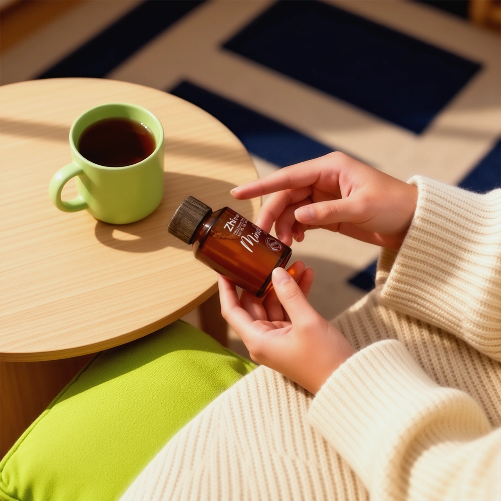 A layered essential oil blend diffusing as a fine mist
