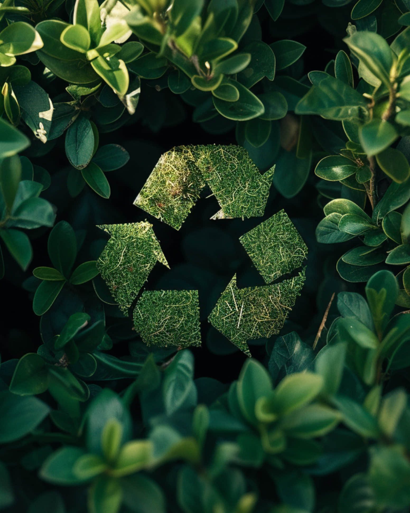 Recycling symbol formed from grass among green leaves