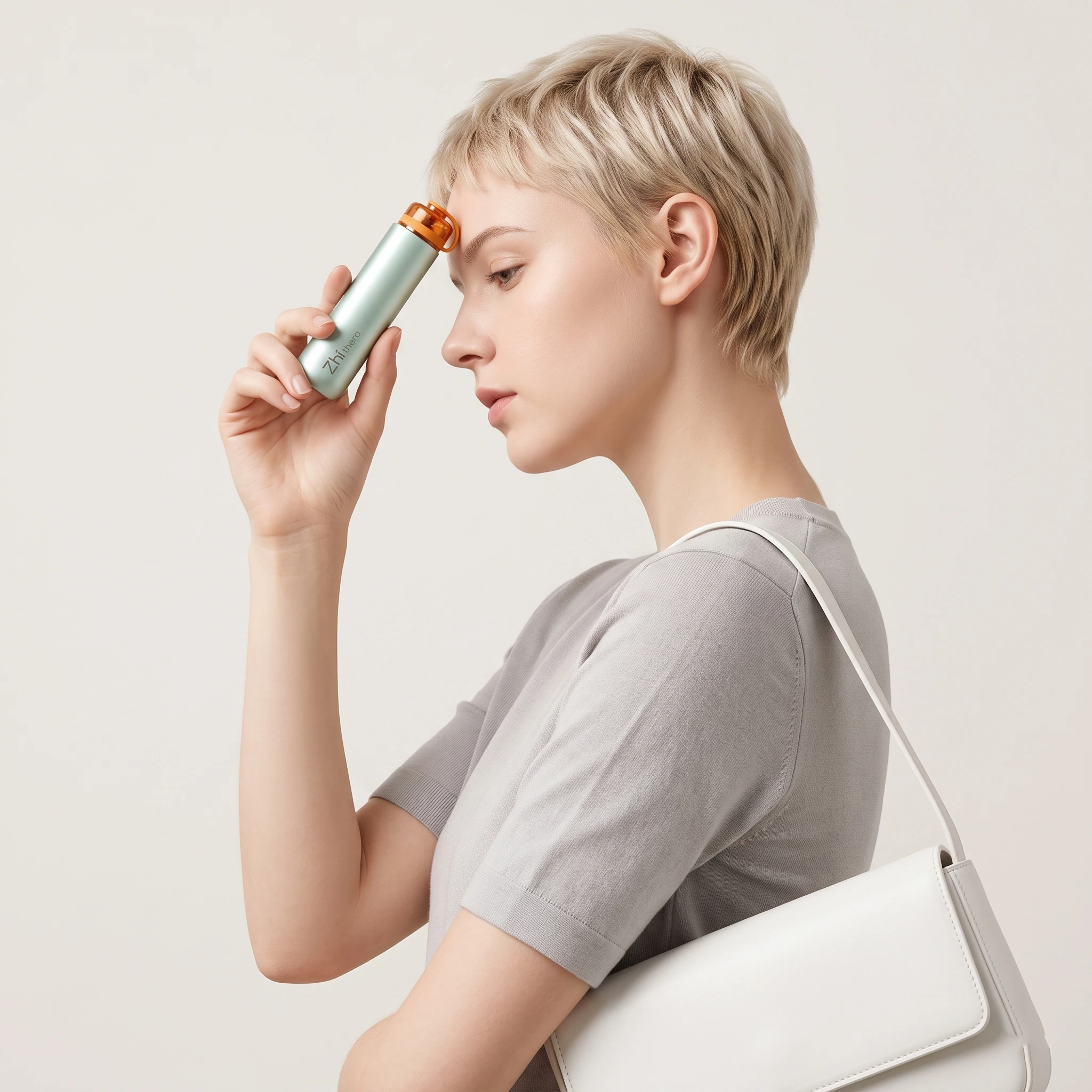Woman in profile holding a Zhithera portable waterless diffuser