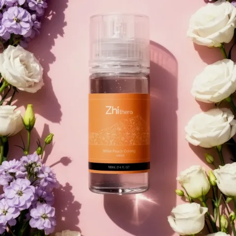 Zhithera Orange Blossom fragrance oil bottle on pink with lilac