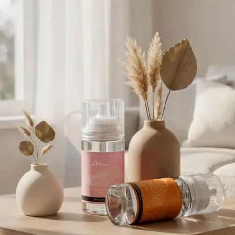 Zhithera Orange Blossom fragrance oil bottle on a wooden table with vases