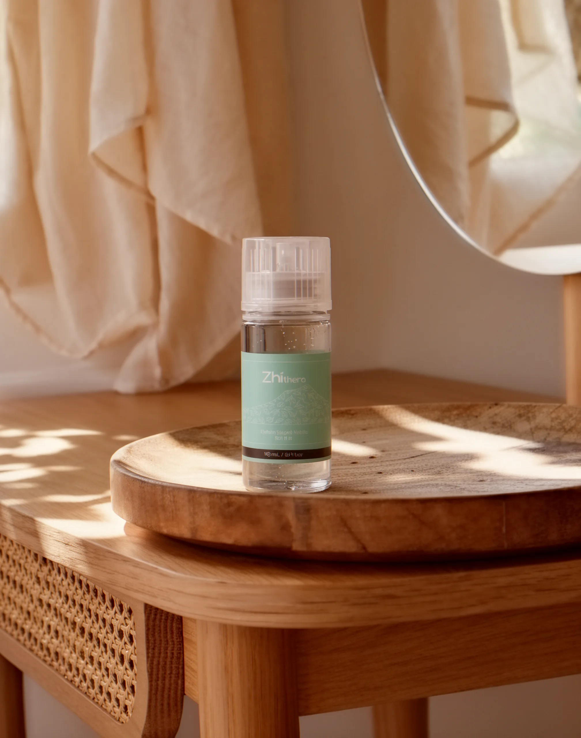 A clear bottle of essential oil with a sage green label rests on a round wooden tray atop a light wood table, illuminated…