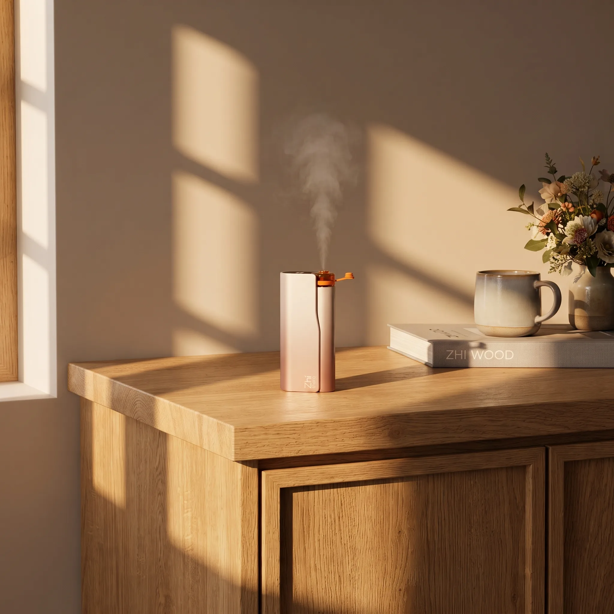 A rose-gold portable aromatherapy diffuser emits mist on a light wood cabinet beside a mug, book and flower vase in warm s…