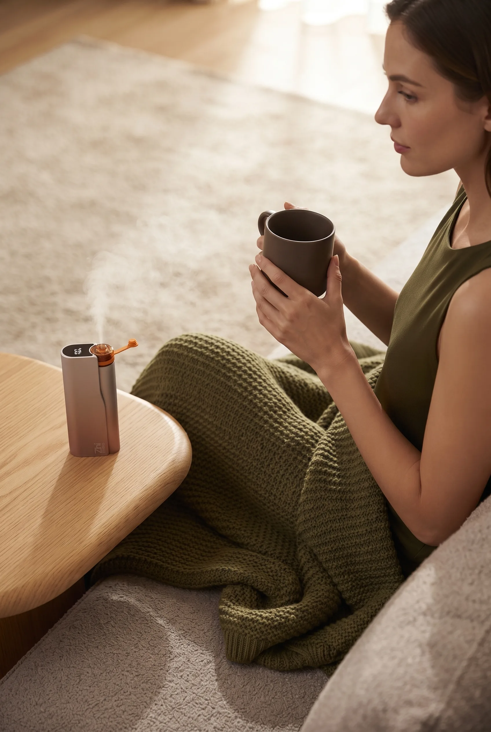 Zhithera waterless diffuser misting on a side table in a living room