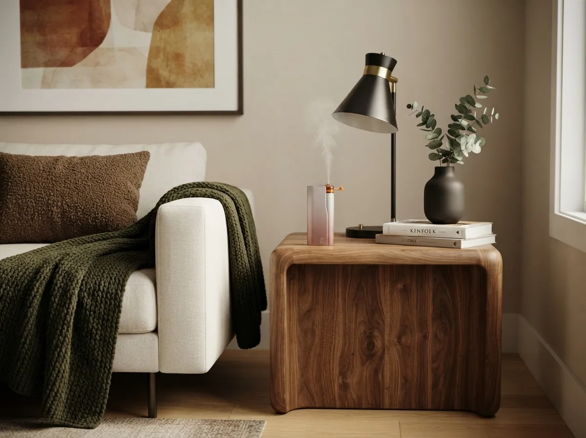 A pinkish glass aromatherapy diffuser emits mist on a warm wood side table next to a white sofa with a green knit throw an…