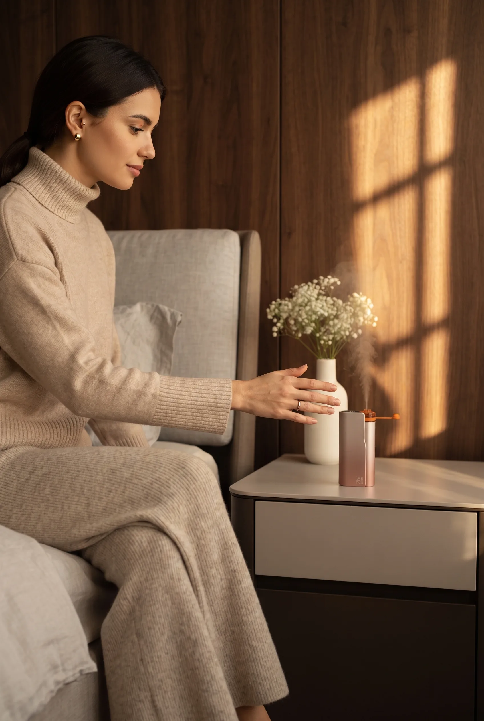 Placing a Zhithera waterless diffuser on a bedroom nightstand