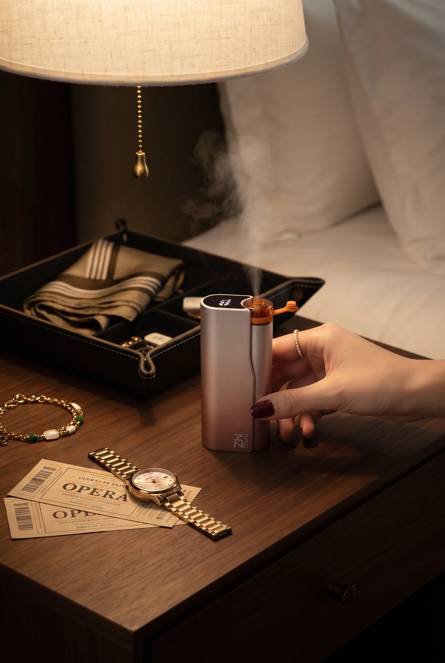 Zhithera waterless diffuser on a nightstand in a softly lit bedroom