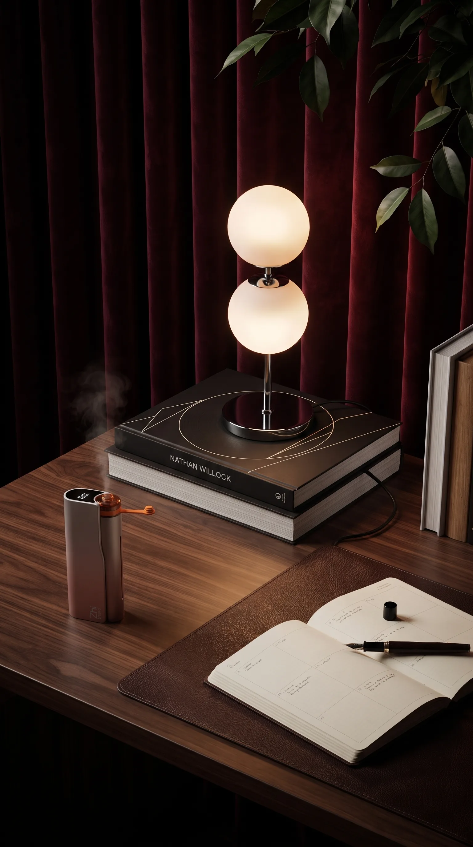 Zhithera waterless diffuser misting on a desk beside an open notebook