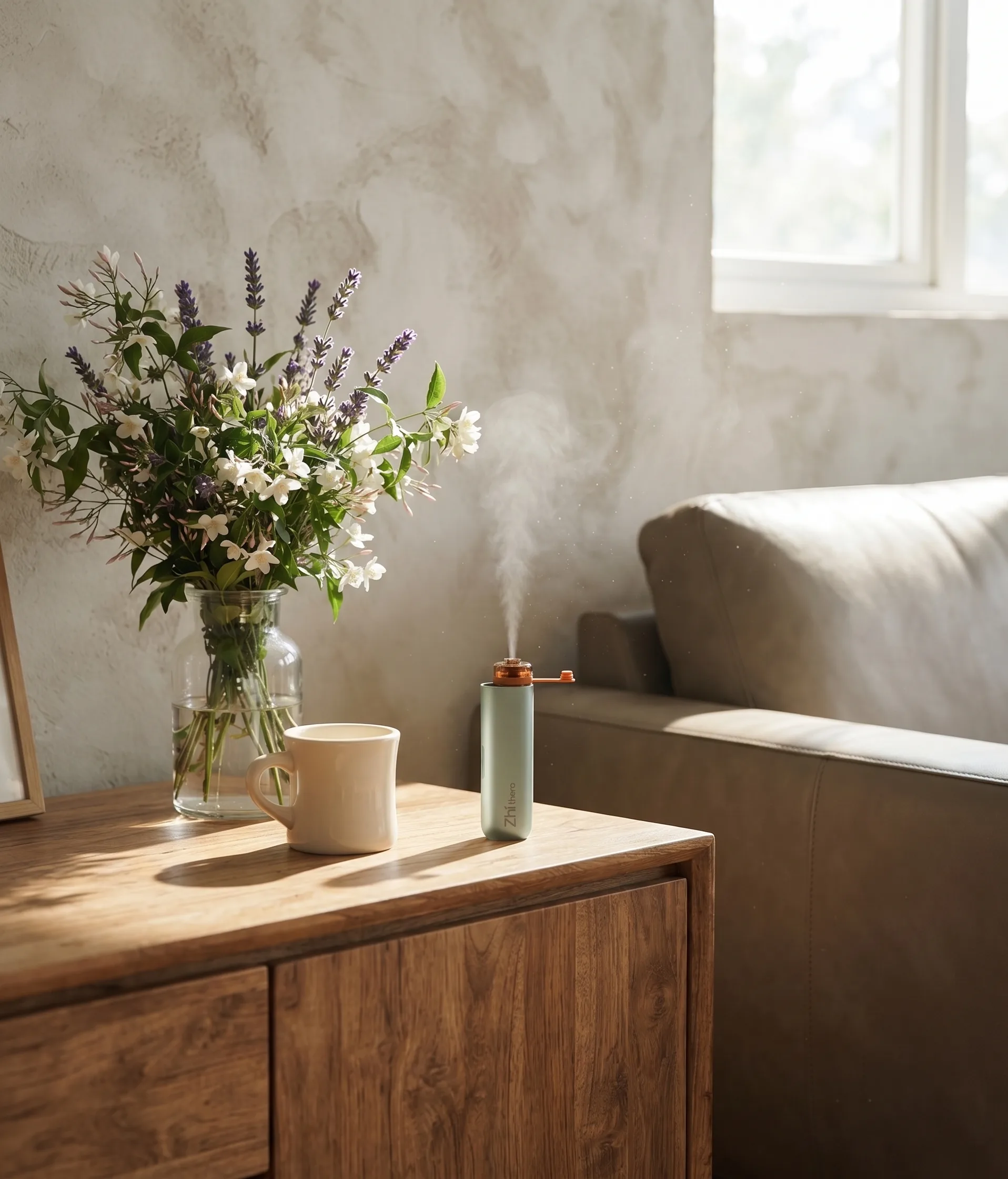 A mint-green portable aromatherapy diffuser emits mist beside a vase of lavender and white flowers and a ceramic mug on a…
