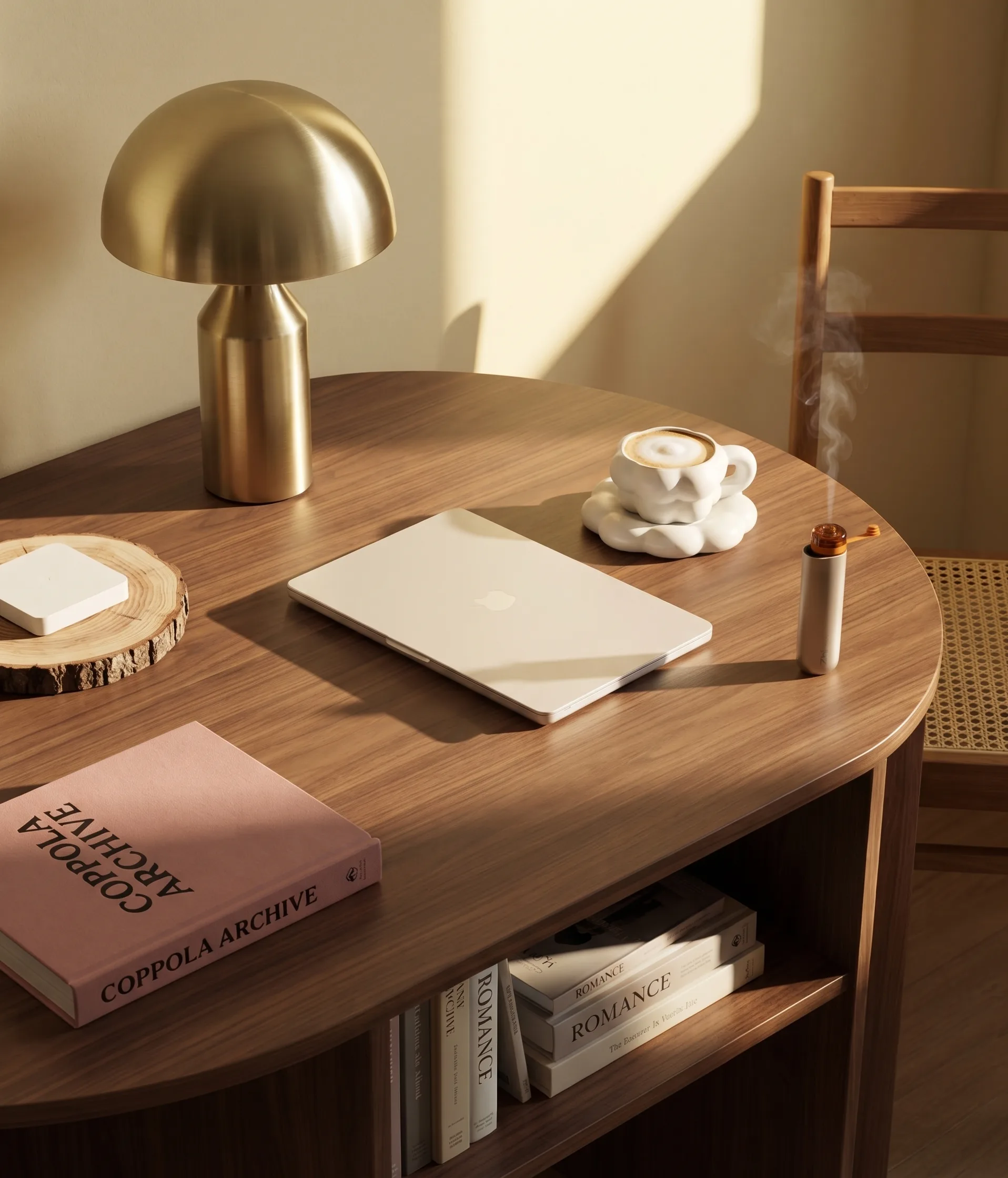 A warm, sunlit minimalist workspace features a small cylindrical aromatherapy diffuser emitting steam beside a laptop, cof…